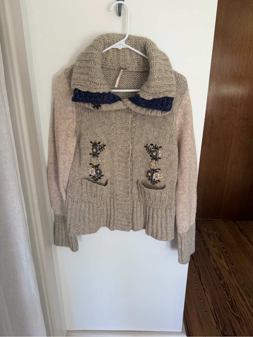 Free People Beige and Navy Embroidered Knit Cardigan